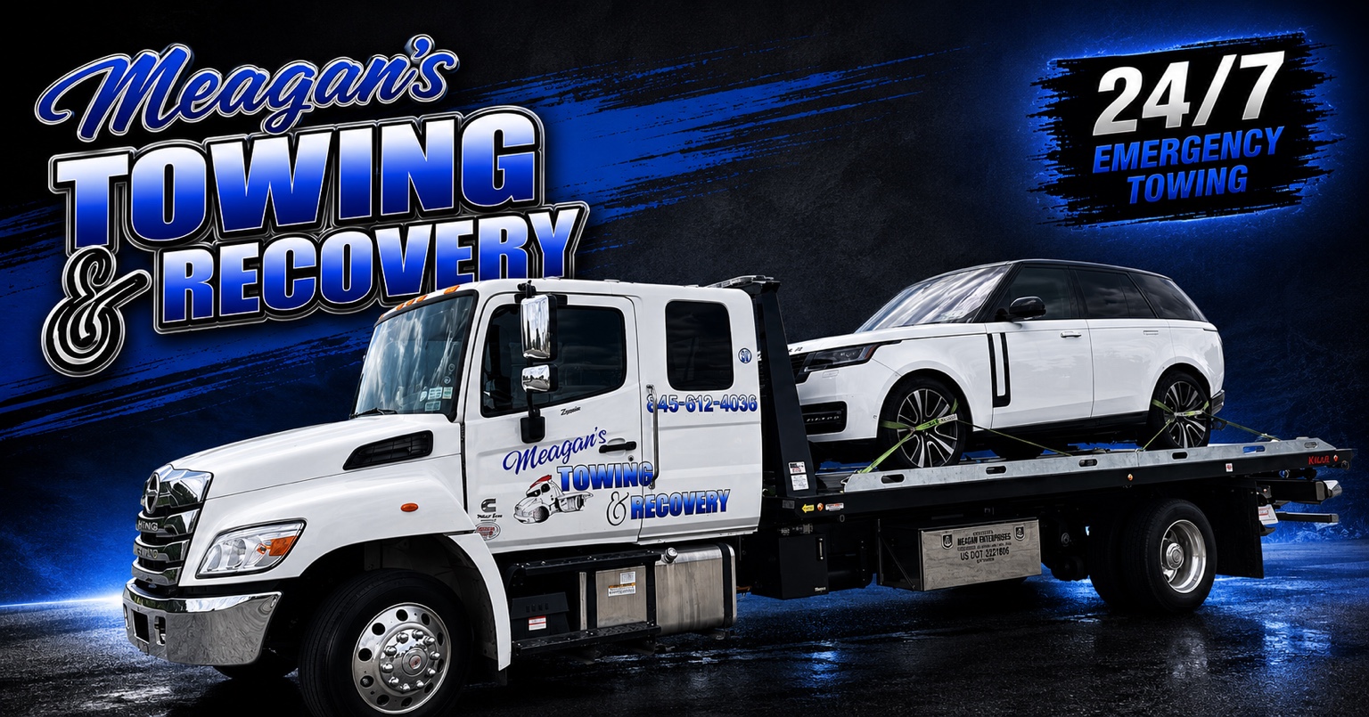 Meagan's Towing & Recovery rollback carrying a white Range Rover at night