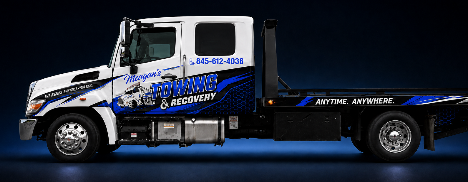 Meagan's Towing wrapped Hino rollback truck